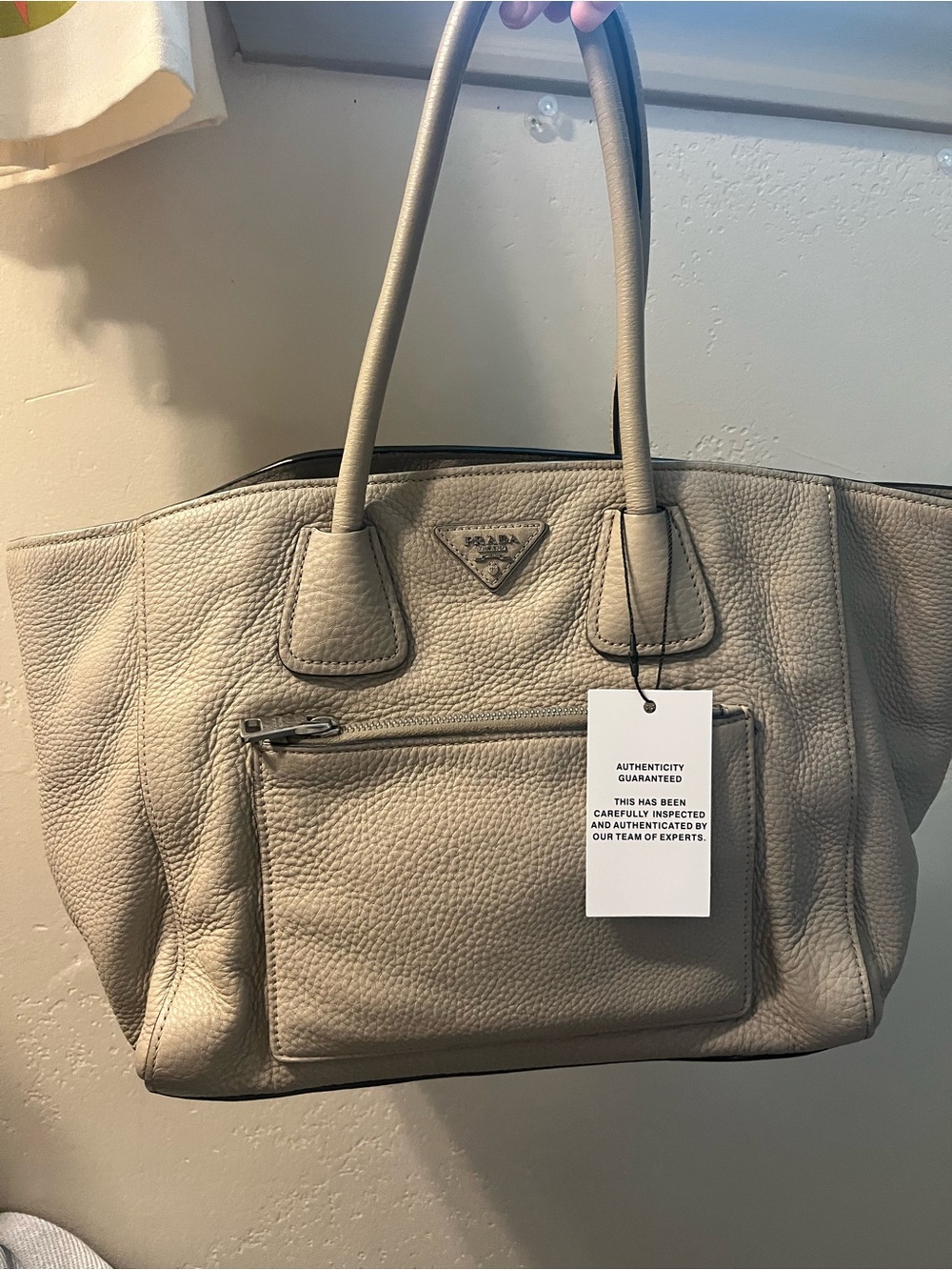 Prada Pebbled Leather Tote in Taupe